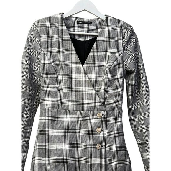 Zara Plaid Blazer Mini Dress Women's Size XS Jeweled Buttons L/S Faux Wrap Style - Picture 3 of 16
